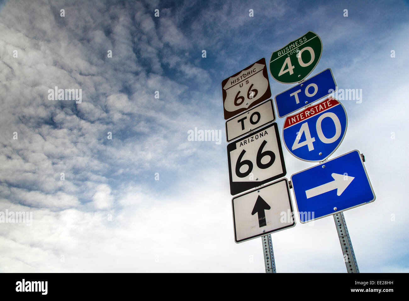 U.S. Route 66 et l'Interstate 40, la signalisation routière verticale, Arizona, USA Banque D'Images