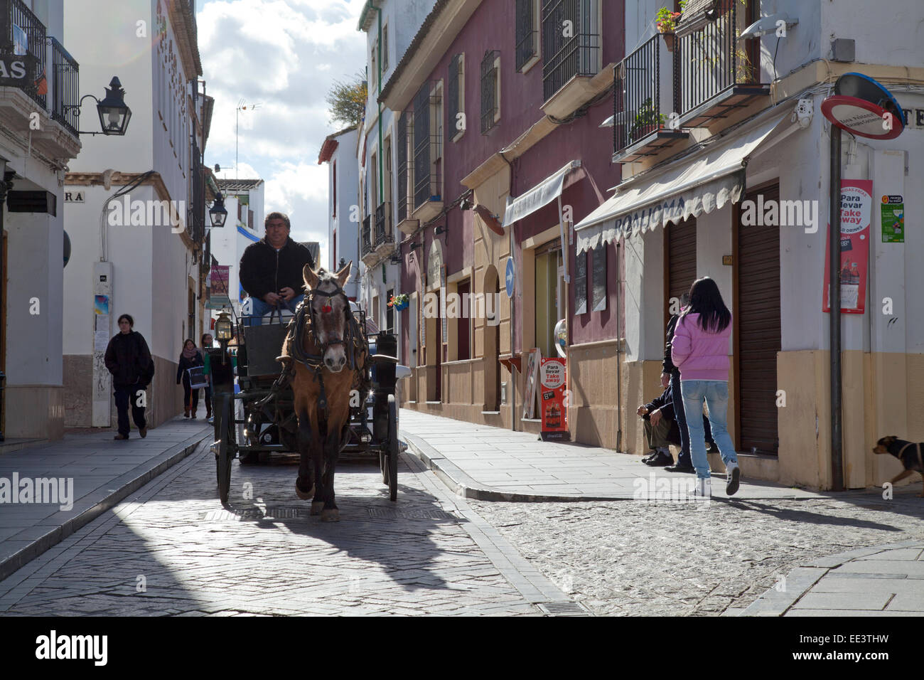 La vie de la rue, Cordoue, Andalousie, Espagne : Cheval et panier sur la rue pavée Banque D'Images