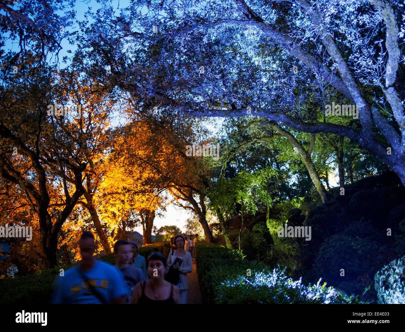 Les visiteurs d'un soir aux chandelles dans les jardins de Marqueyssac Château promenade à travers les parcs illuminée au crépuscule. Banque D'Images
