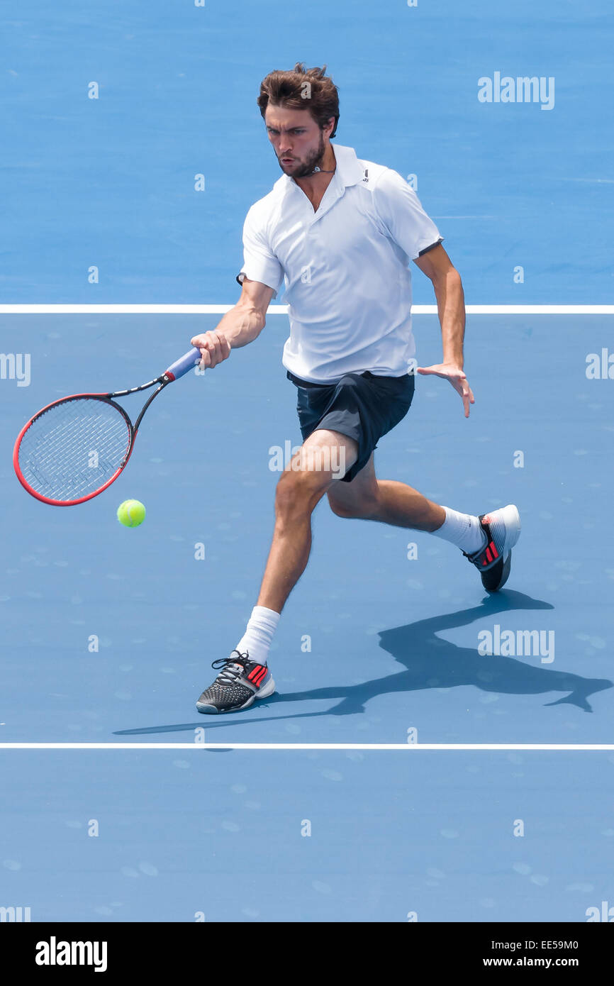 Melbourne, Australie. 14 Jan, 2015. Gilles Simon (FRA) en action au jour 2 de la 2015 Kooyong Classic tournoi au Kooyong Lawn Tennis Club à Melbourne, Australie. Bas Sydney/Cal Sport Media/Alamy Live News Banque D'Images