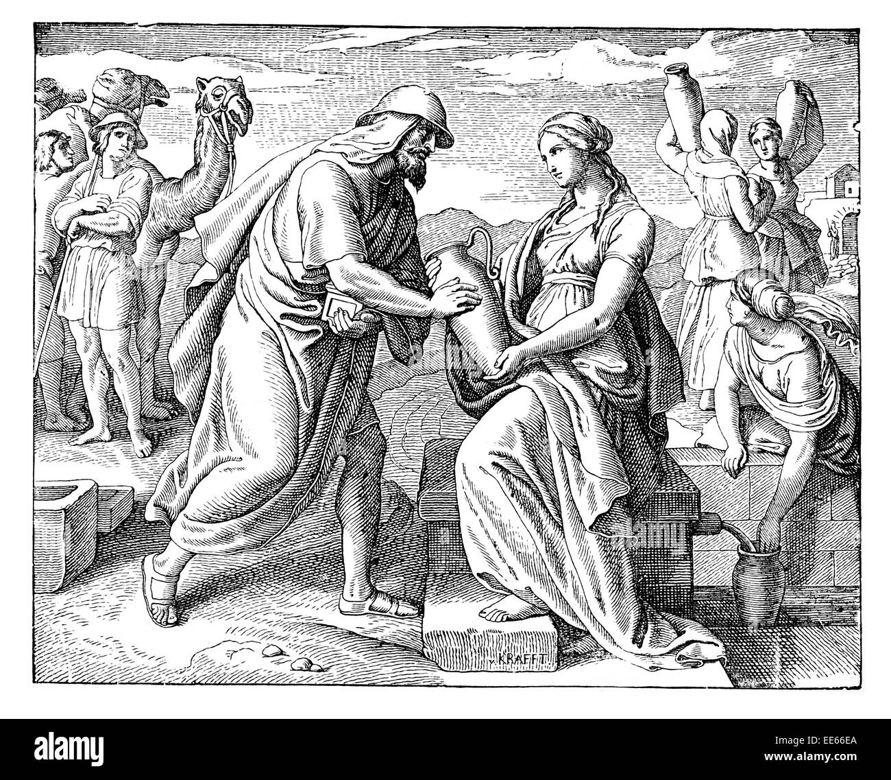 Le Serviteur d'Abraham rencontre Rebecca, 24:17 livre d'abraham Genèse serviteur voyage eau pâle Olivier Banque D'Images