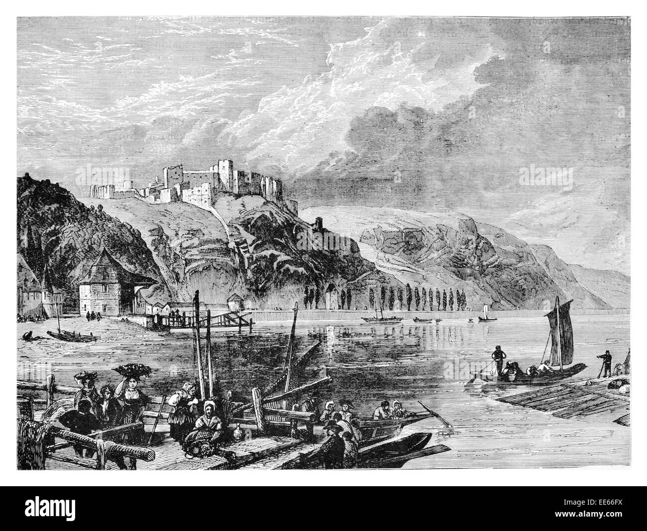 Château de Rheinfels Sankt Goar Allemagne Rhin péniche tower museum Birket Foster Banque D'Images