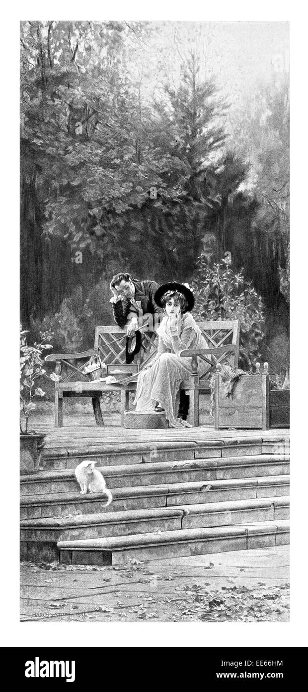 Une pièce jointe avant Marcus Stone Botanical garden banc public relation de couple cat victorian costume dress gent Banque D'Images