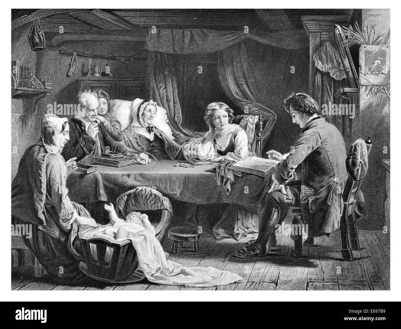 La veille du Sabbat a Johnston 1851 étagère livres grand-père mère enfant lit bébé accueil famille père père costume Banque D'Images