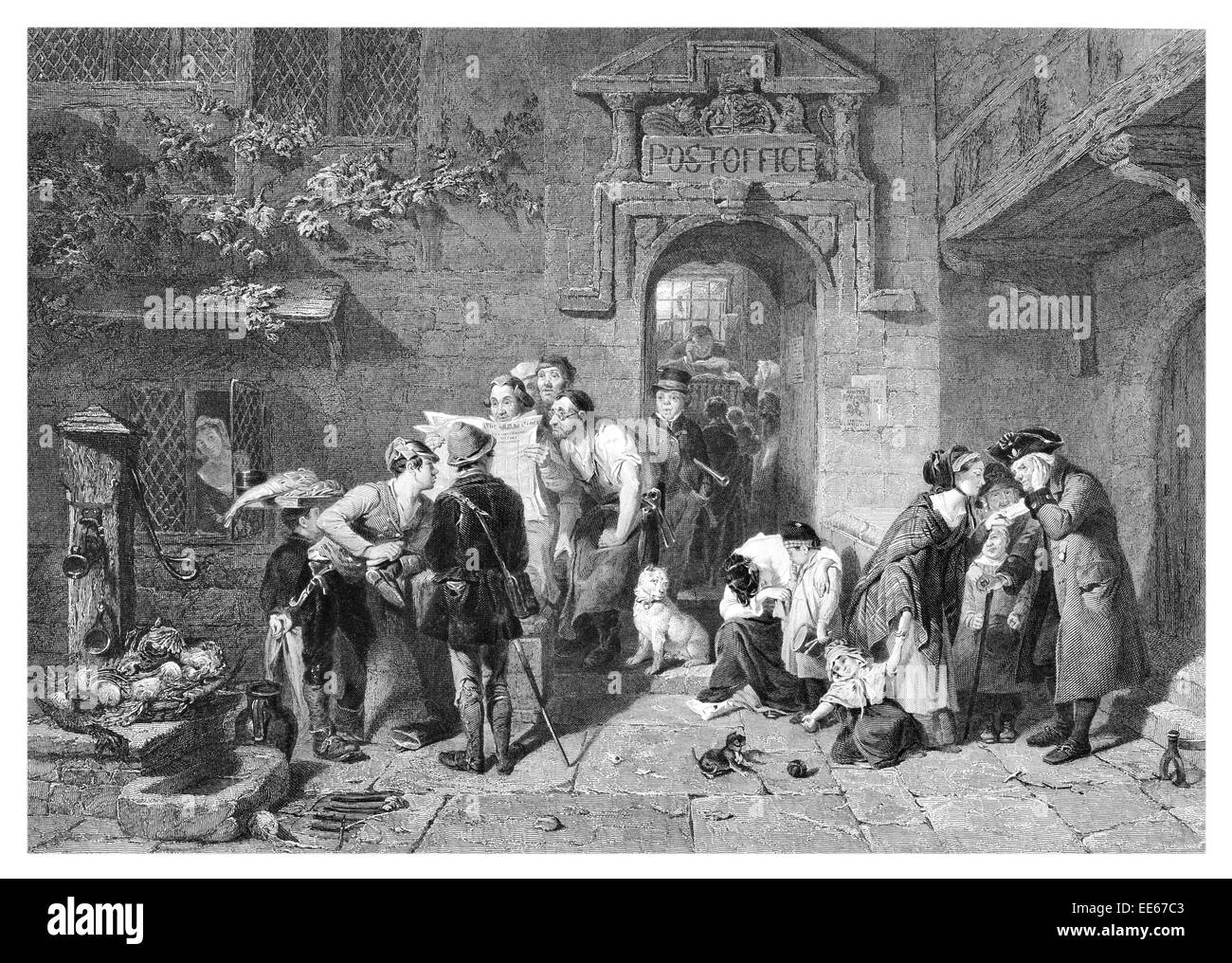 Le bureau de poste Fred Goodhall mail livraison de colis postale costume courtyard reading newspaper pompe à eau pet dog Banque D'Images