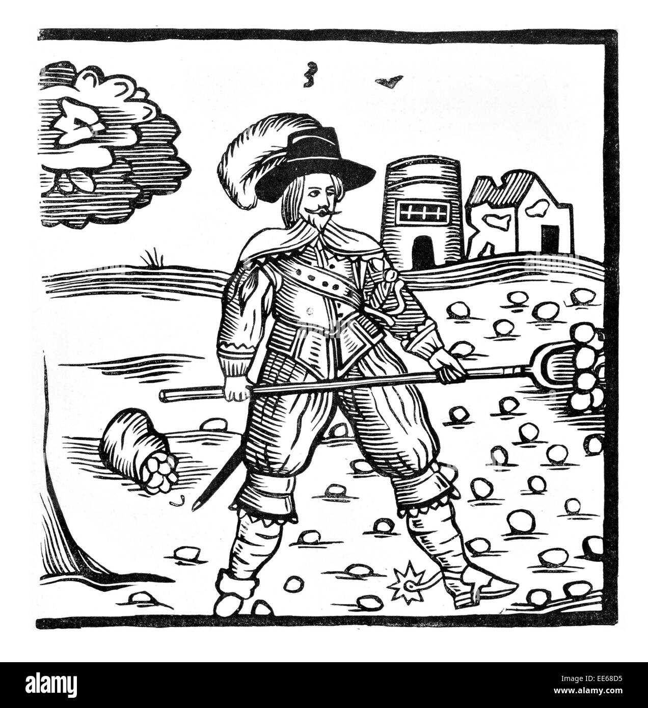Shakespeare Balled Ballads Tudor jacobéen costume d'agriculteur ferme fourche bête coffre au trésor animaux coin domaine mill Banque D'Images