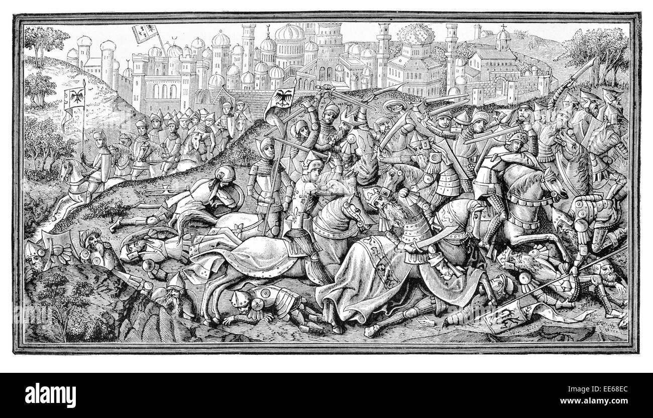 Conquête de Jérusalem par Charlemagne manuscrit du 15e siècle Charles le grand massacre de la guerre bataille moyen-âge chevalier cavalerie Banque D'Images