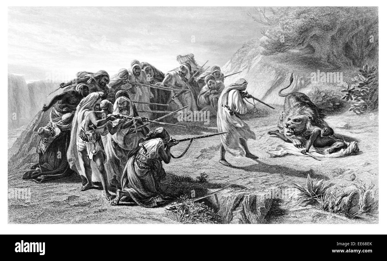 La chasse au lion de sauvetage Saoudite Charles-Alexandre Coëssin de la Fosse Arabian hunt chasseur tir jeu en voie de disparition des prédateurs Banque D'Images