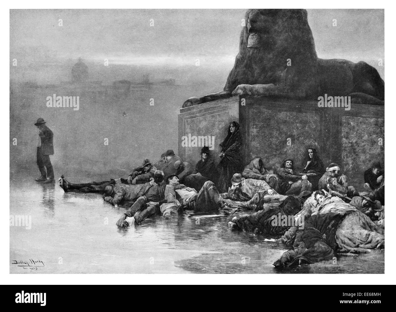 Sans Asile Dudley Hardy Trafalgar Square Londres victorien Lion sans-abri démunis pauvres inférieurs de la classe paysanne l'hiver Banque D'Images