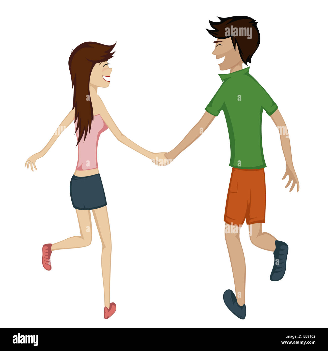 Colorée et détaillée cartoon-style art avec un sourire et heureux jeune  couple holding hands while running ensemble Photo Stock - Alamy