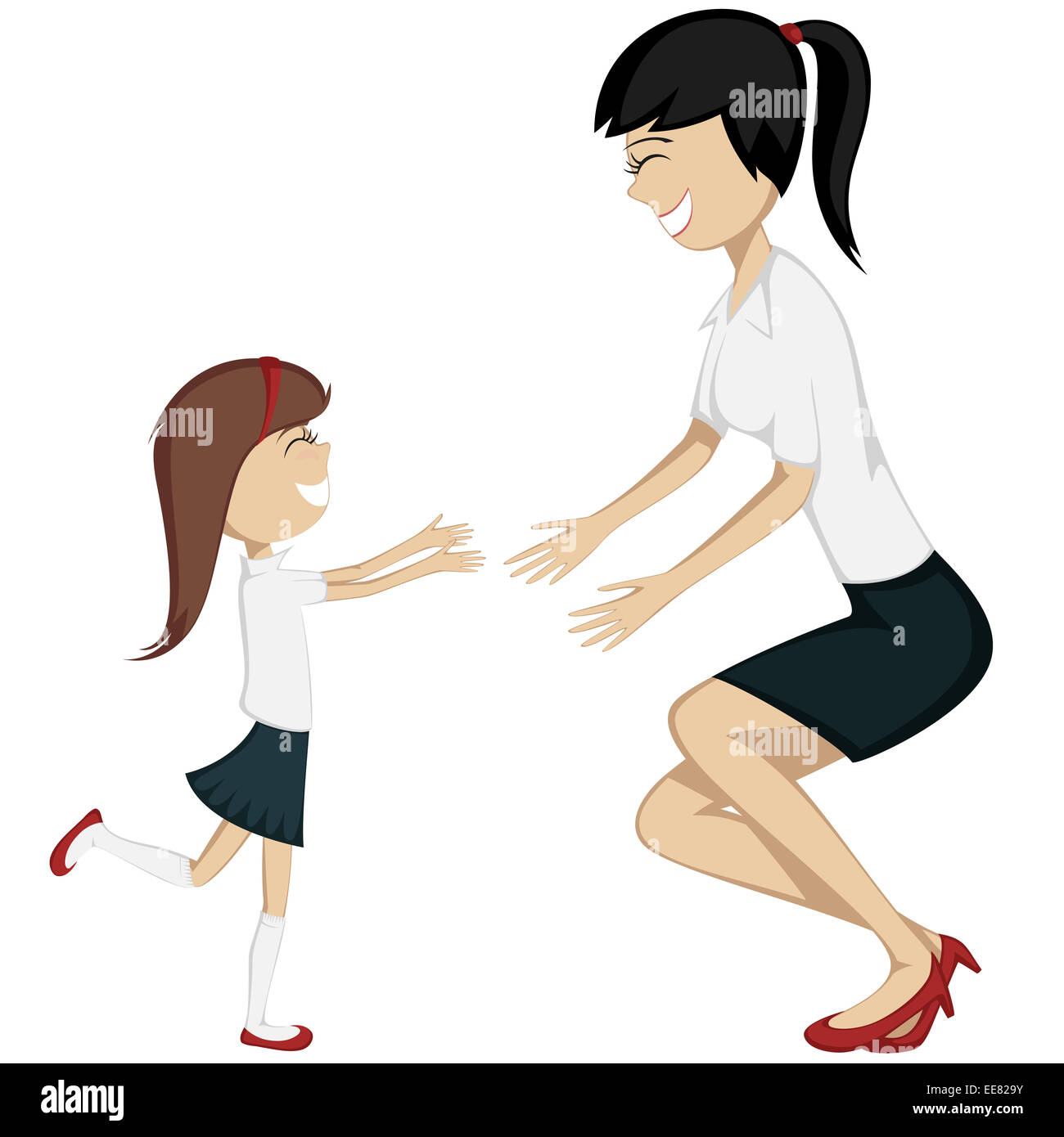 Hug votre maman ! Colorée et détaillée cartoon-style art avec un bunette  fille en Chemisier et jupe est en marche vers sa mère Photo Stock - Alamy