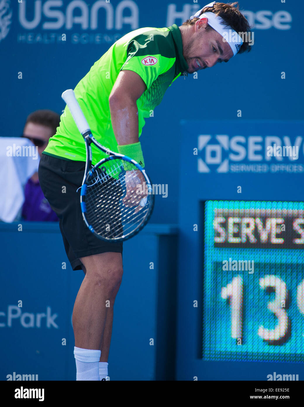 Sydney, Australie. 14 Jan, 2015. Numéro un de l'Italie, Fabio Fognini claque sa raquette vers le bas dans la frustration au cours de son deuxième tour contre Juan Martin del Potro à partir de l'Argentine à la Sydney International d'APIA. Crédit : Tony Bowler/thats mon pic/Alamy Live News Banque D'Images