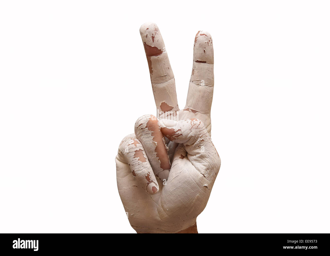 Grunge painted hand faisant le signe V isolé sur fond blanc Banque D'Images