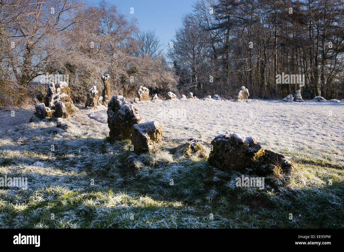 Le Rollright stones recouverts de neige en hiver. Oxfordshire, Angleterre Banque D'Images