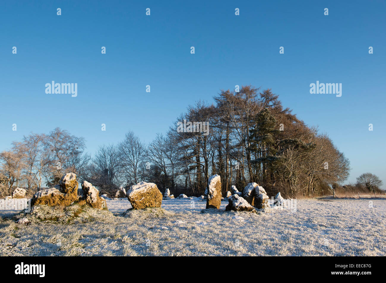 Le Rollright stones recouverts de neige en hiver. L'Oxfordshire, Angleterre. Banque D'Images