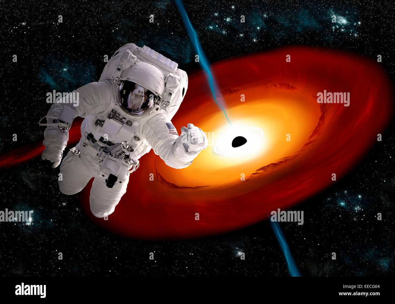 Concept de l'artiste d'un astronaute flottant dans l'espace, il est attiré par un trou noir massif. Les explosions de rayons gamma en éruption fr Banque D'Images