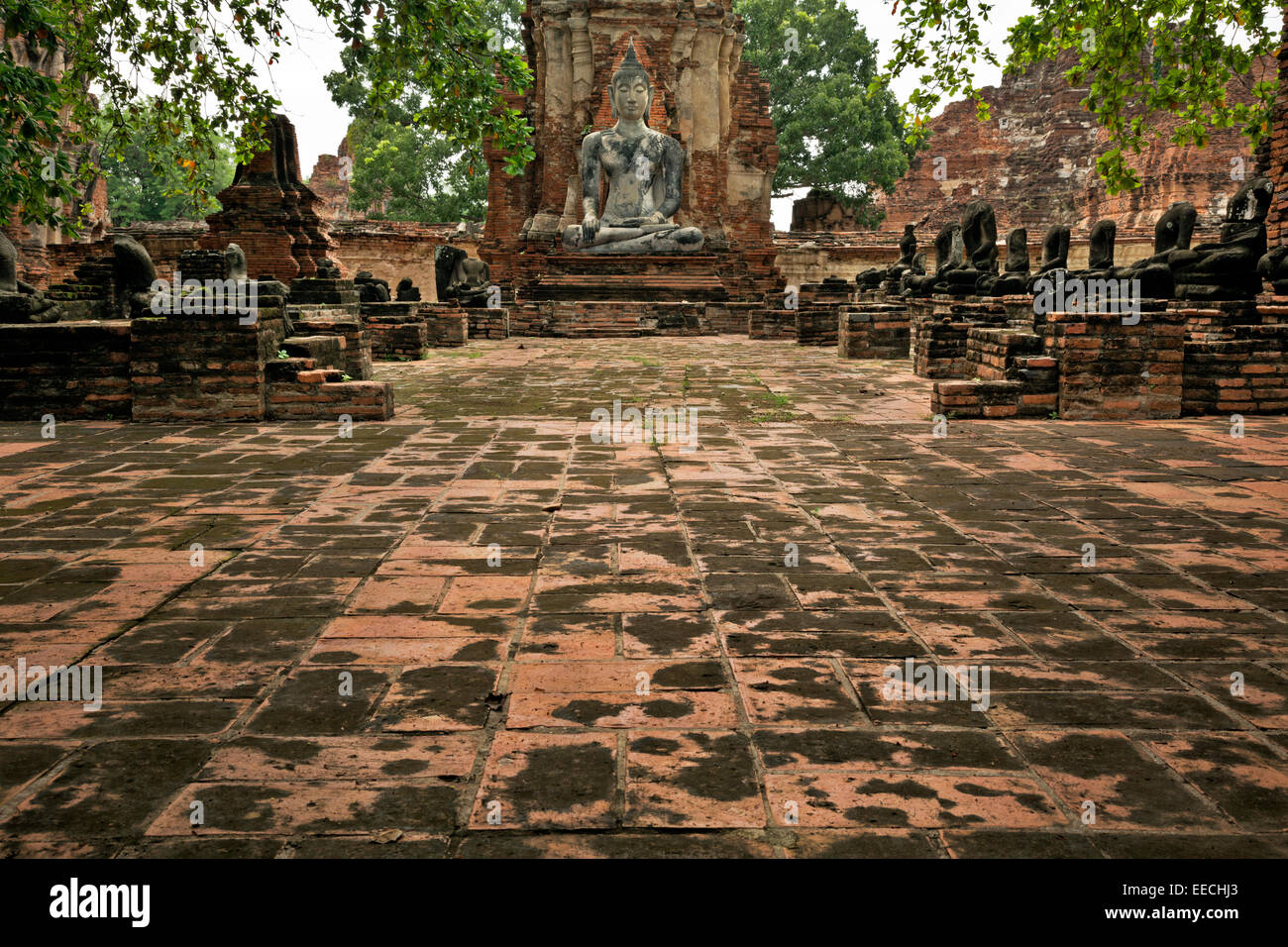 Thaïlande - partiellement restauré, ancien Bouddha à Wat Phra Mahathat au parc historique d'Ayutthaya, ancienne capitale. Banque D'Images