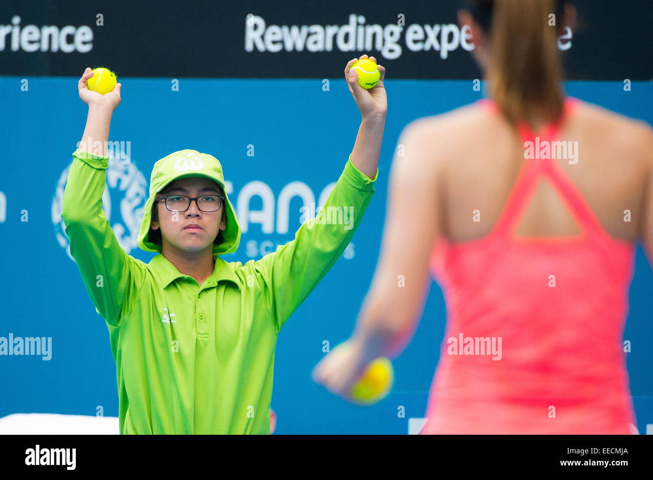 Sydney, Australie. 14 Jan, 2015. Tsvetana Pironkova de Bulgarie attend les boules de la Ball boy pendant son quart de finale, contre Barbora Zahlavova Strycova de la République tchèque à l'APIA Sydney International. Crédit : Tony Bowler/thats mon pic/Alamy Live News Banque D'Images