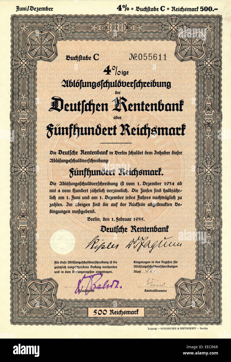 Historische Aktie, 4 %ige Ablösungsschuldverschreibung der Deutschen Rentenbank über 500 Reichsmark, 1935, Deutschland, Europa Banque D'Images