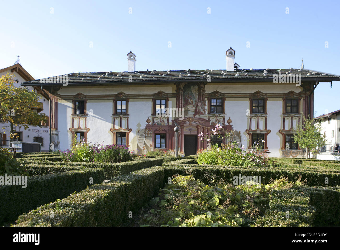 Deutschland, Bayern, Oberammergau, Fassaden, bemalt, Oberbayern, Passionsspielort Pilatushaus Werdenfels,,, Barockgarten, Maler Banque D'Images