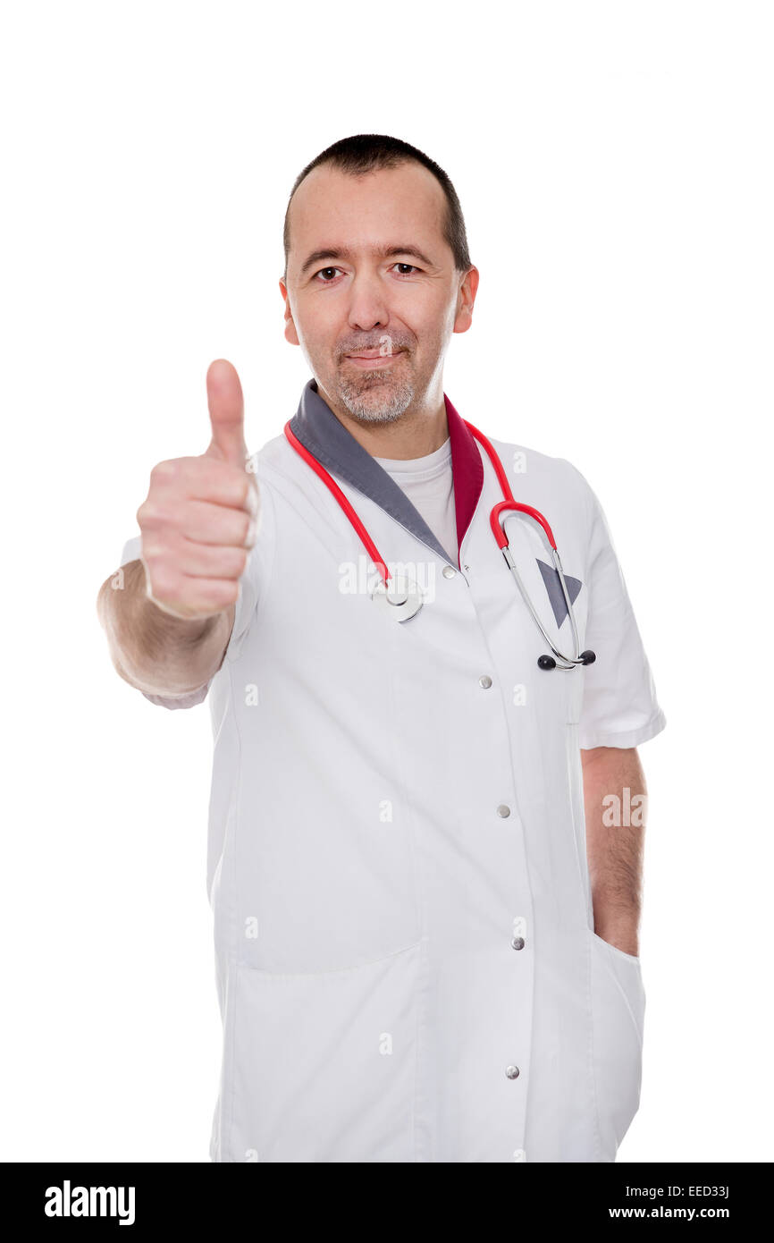 Médecin homme montre l'énergie et de succès, isolated on white Banque D'Images