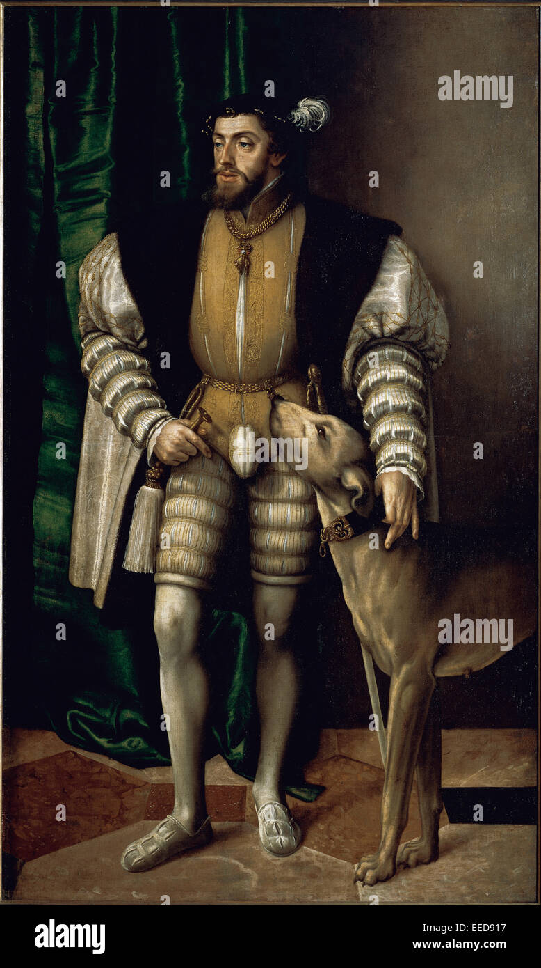 Charles V, empereur romain germanique (1500-1558). Le portrait de Charles V avec un chien, 1533, par Titien (1488-1576). Huile sur toile. Musée du Prado. Madrid, Espagne. Banque D'Images
