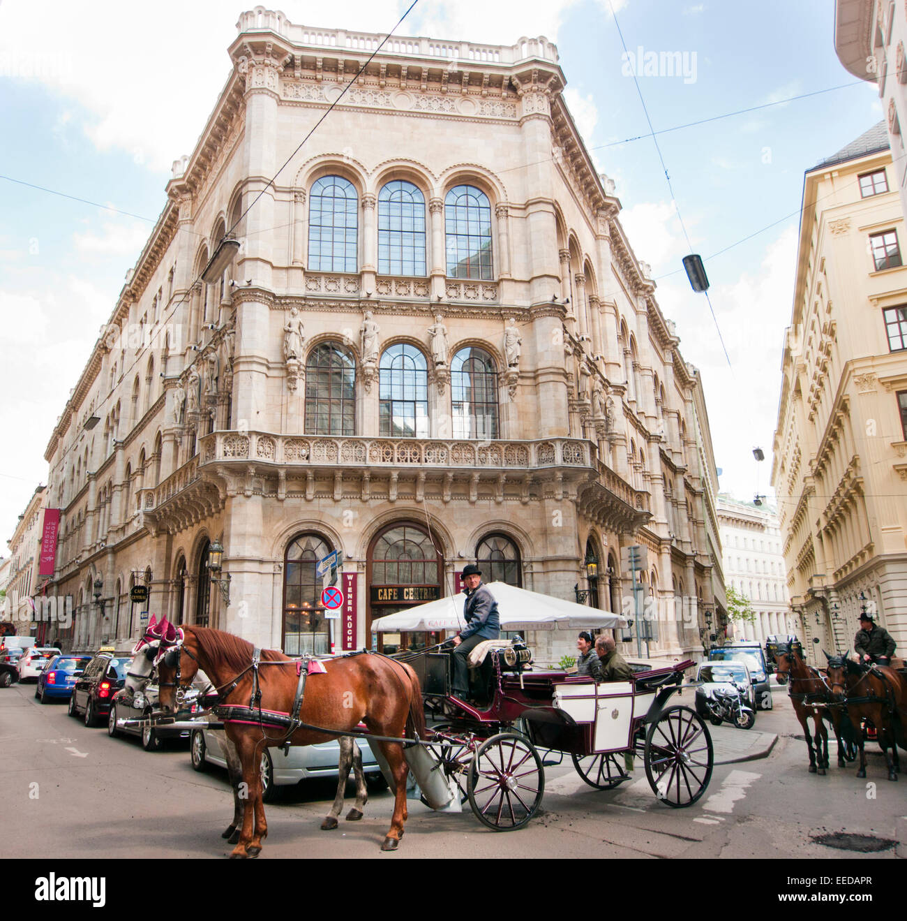 Un cheval et un chariot à l'extérieur de Cafe Central en Vienne Autriche Banque D'Images