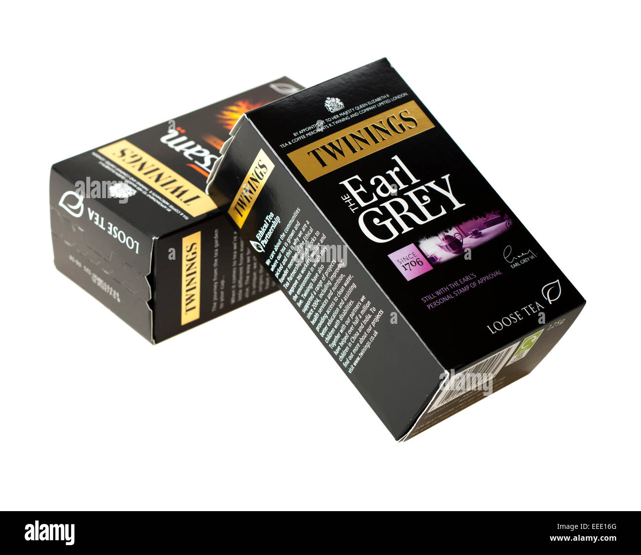 Deux boîtes de thé twinings Assam et Earl Grey Banque D'Images