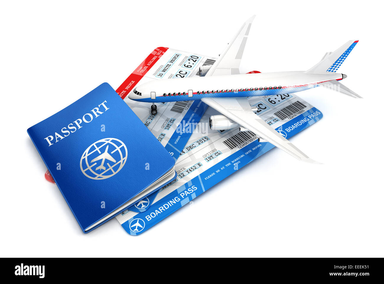 Travel concept 3d avec avion, passeport et carte d'embarquement, isolé sur fond blanc, image 3D Banque D'Images
