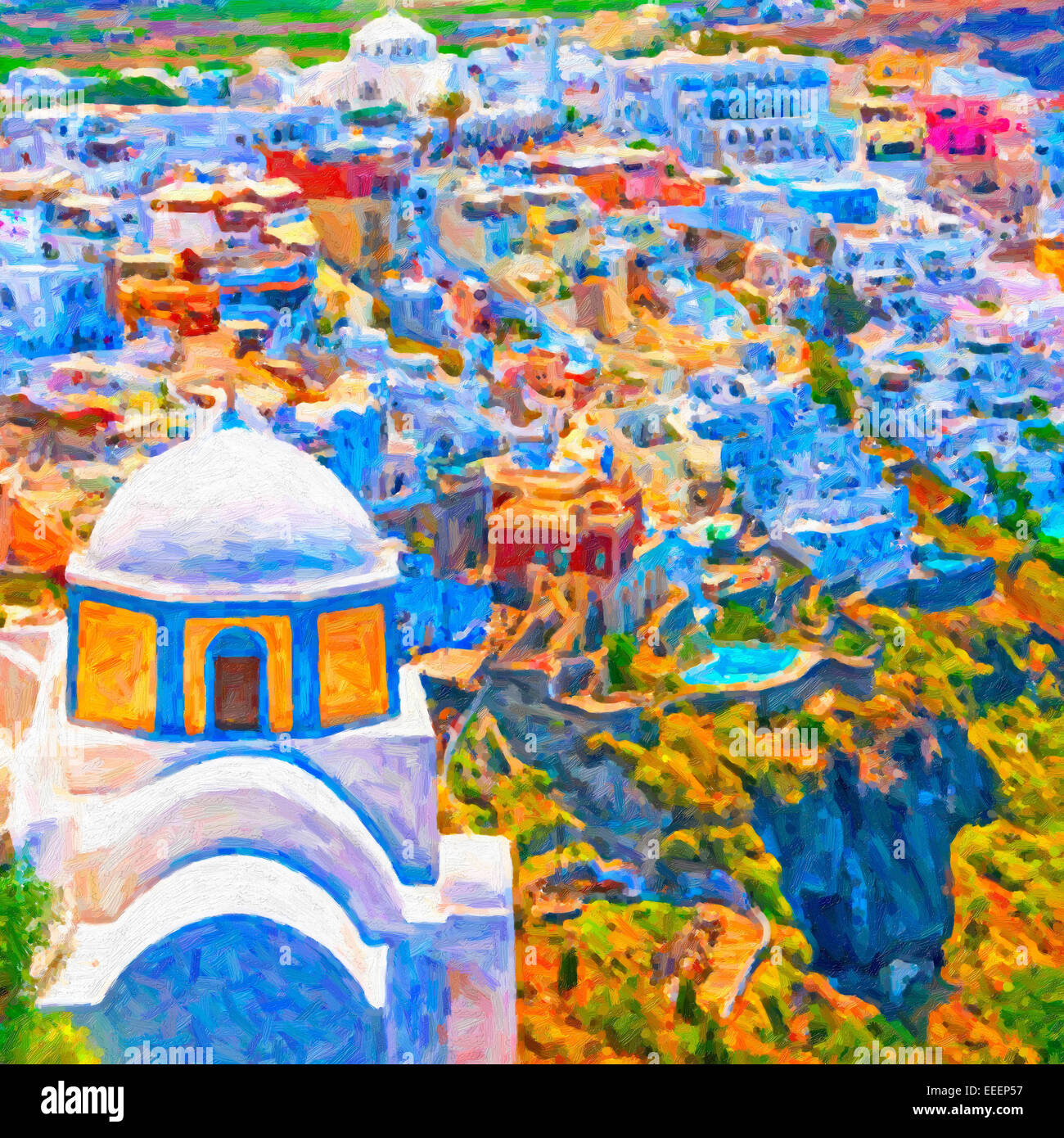 Une peinture numérique de la capitale de Santorin, ville de Fira avec landmark au premier plan. Banque D'Images