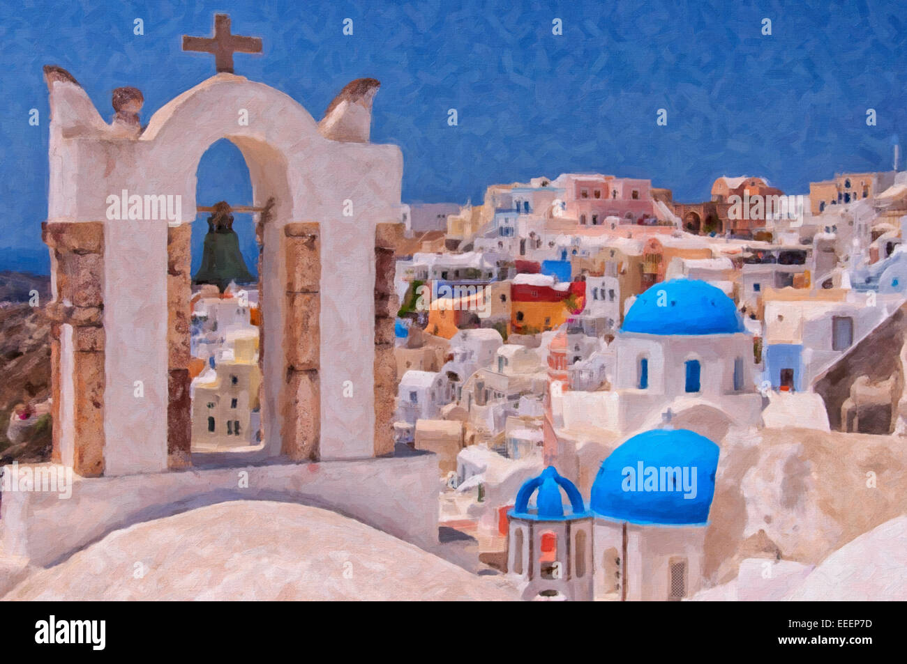 Une peinture numérique d'un couple de célèbres églises au dôme bleu de Oia sur l'île grecque de Santorin. Banque D'Images
