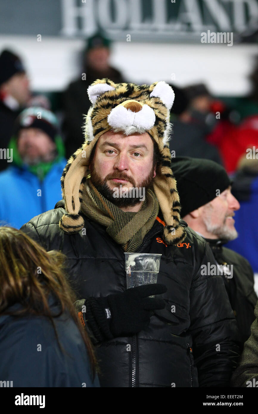 Leicester, Royaume-Uni. 16 janvier, 2015. European Rugby Champions Cup. Leicester Tigers et écarlate. Supporter dans Tiger Hat © Plus Sport Action/Alamy Live News Banque D'Images