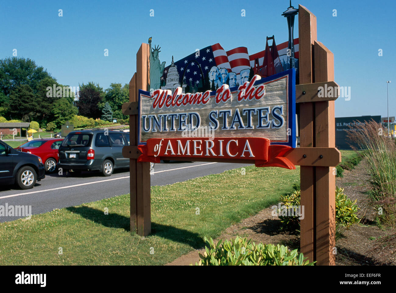 Panneau de bienvenue aux Etats-Unis d'Amérique de Colombie-Britannique, au Canada, à l'État de Washington, USA - Passage de la frontière nous à Douglas Banque D'Images