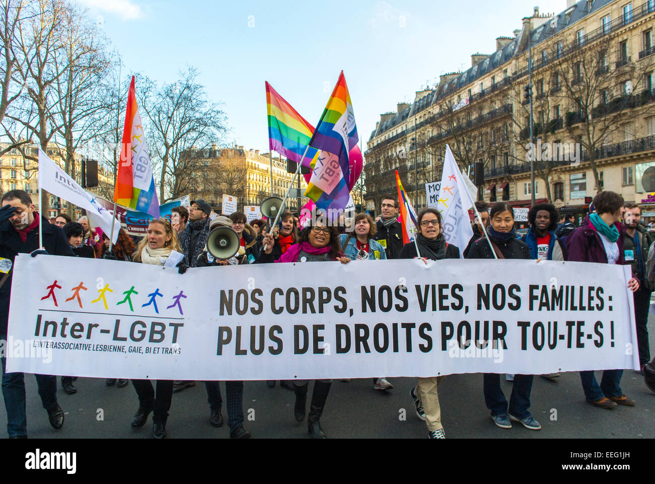 Paris, France, Français N.G.O.'s Groups, Feminist Demonstration in Honor of 40th Anniversary of avortement Law légalisation, Inter LGBTQ protestatation, ONG, foule adolescents tenant des bannières «pro choice» militantisme féministe, étiquette des droits des gays, activisme des femmes Banque D'Images