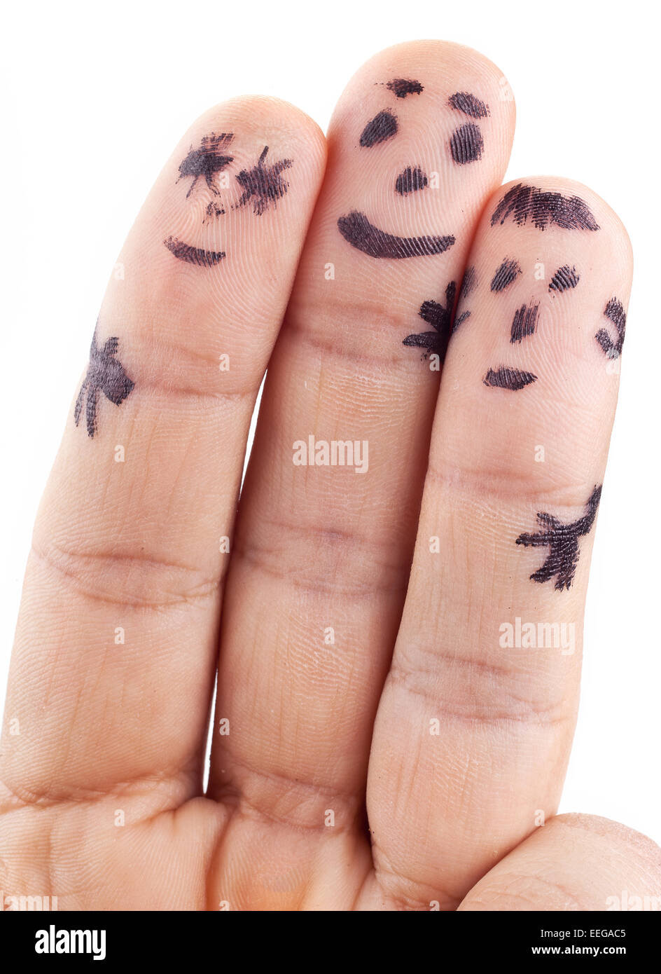 Smileys de famille peint sur les doigts de l'homme. Banque D'Images