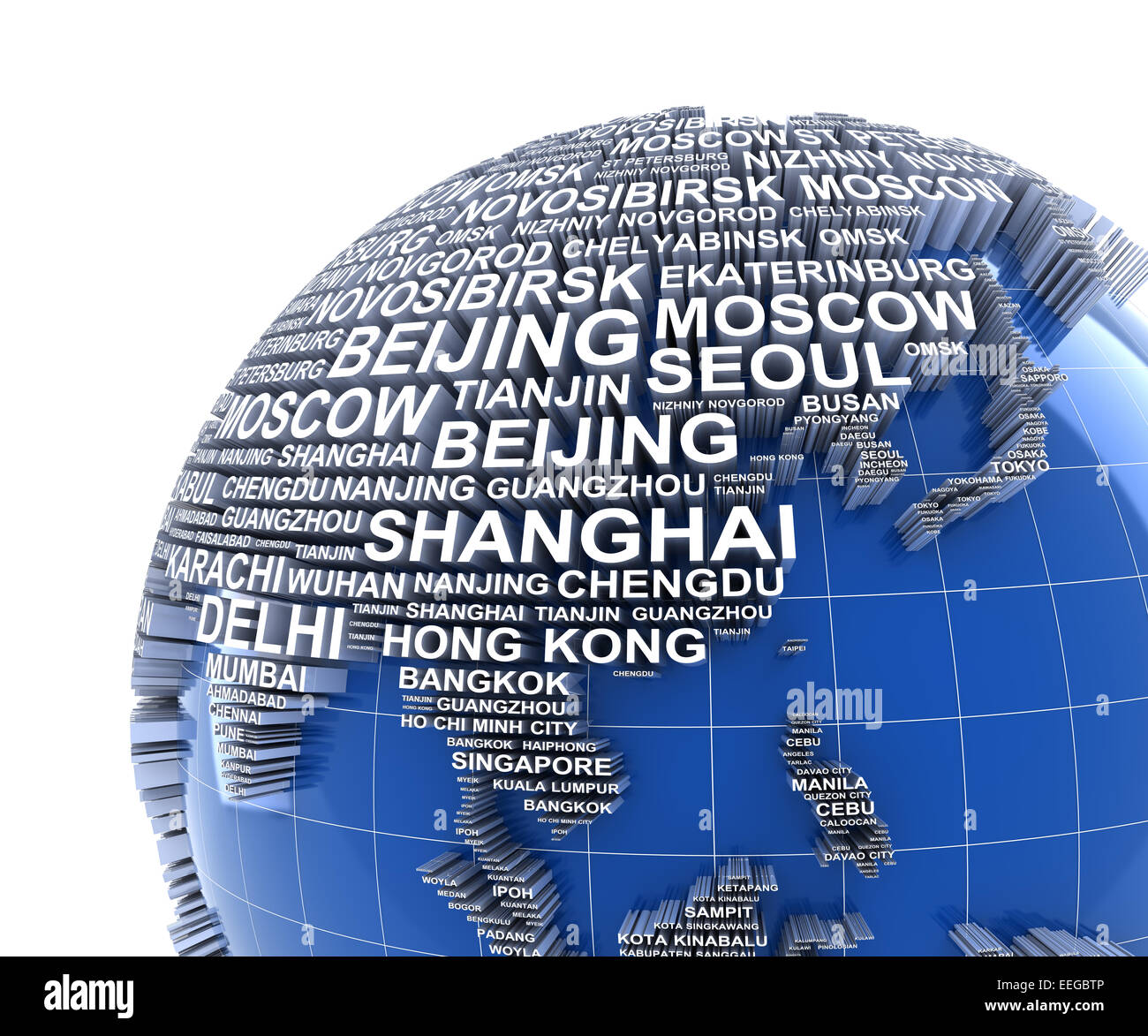 Terre avec des noms de grandes villes dans le monde Banque D'Images