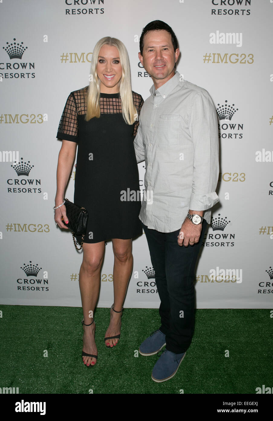 Ricky Ponting et Rianna Ponting arrivent pour la Couronne IMG@23 Parti des joueurs de tennis, Melbourne, Australie. 18 janvier, 2015. Banque D'Images