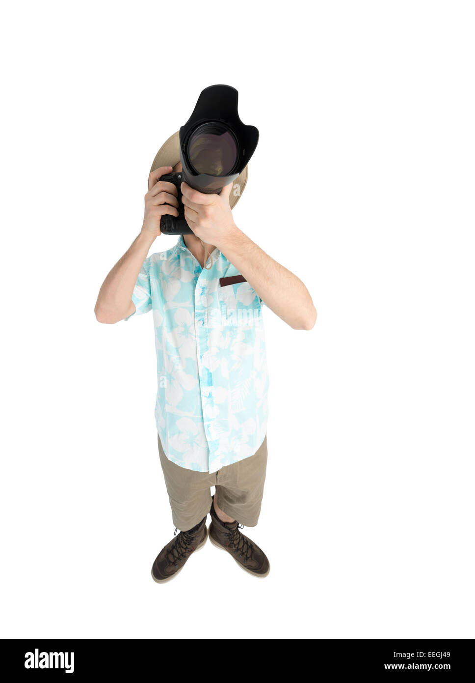 L'homme ridicule en maillot bleu, short marron et hat holding big photo  reflex numérique et le tir. Traveler se concentrer et faire pi Photo Stock  - Alamy