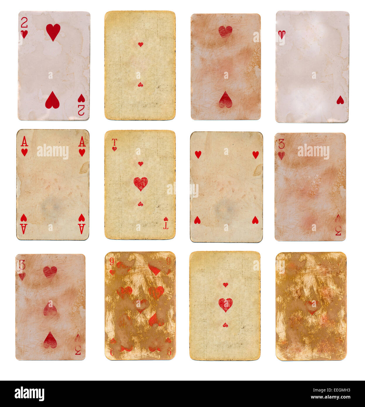 12 assorted collection vieille carte à jouer des coeurs fond papier isolated on white Banque D'Images