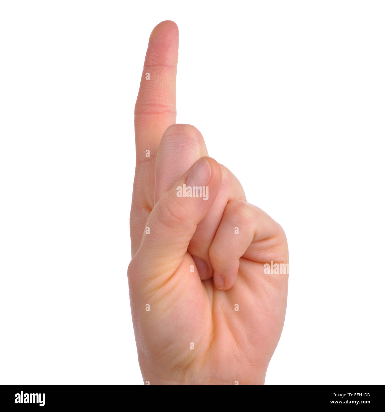 Femme bras avec l'index jusqu'isolated over white background Banque D'Images