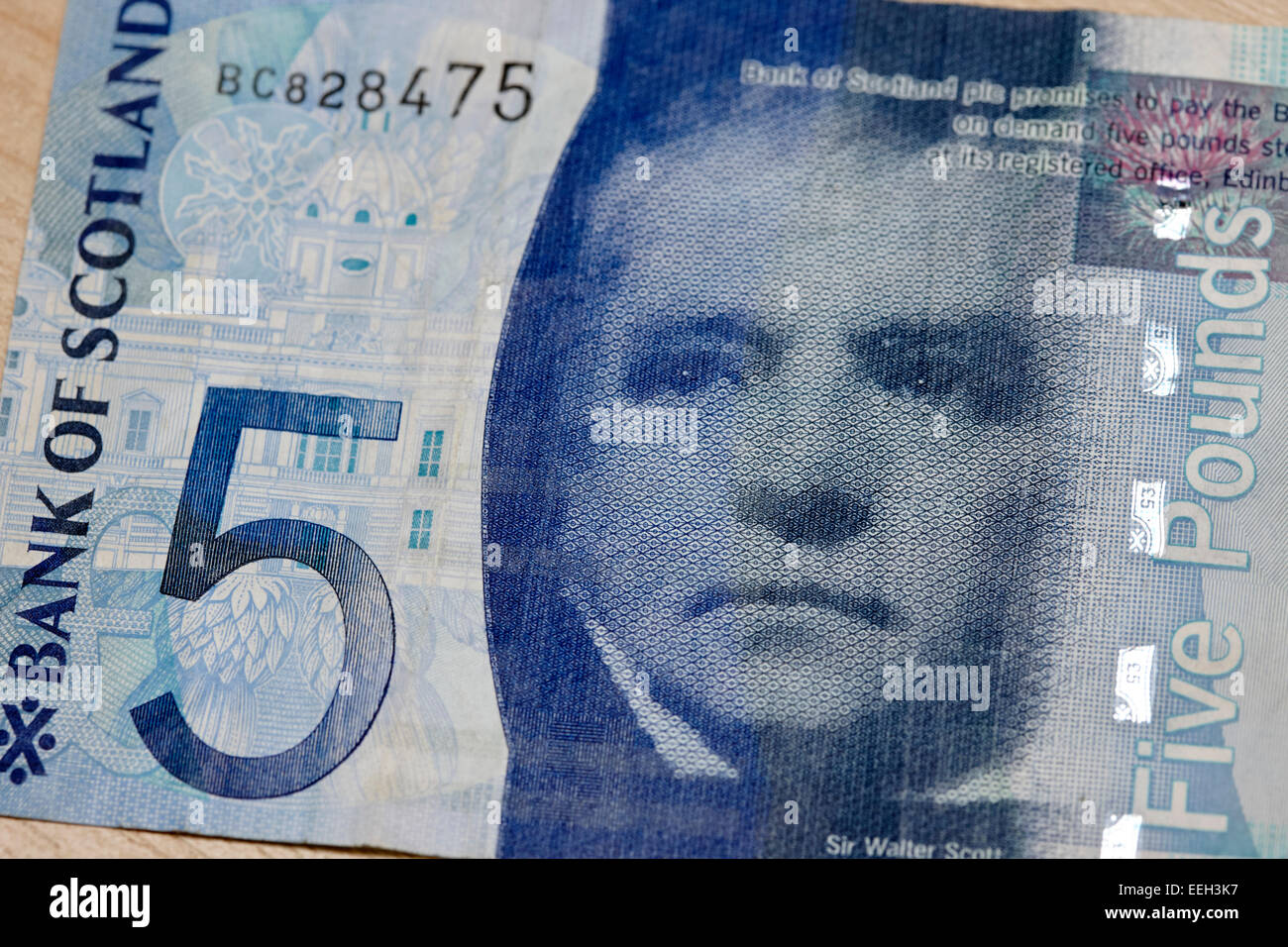 Sir Walter Scott sur le polymère Bank of Scotland billet de cinq livres Banque D'Images