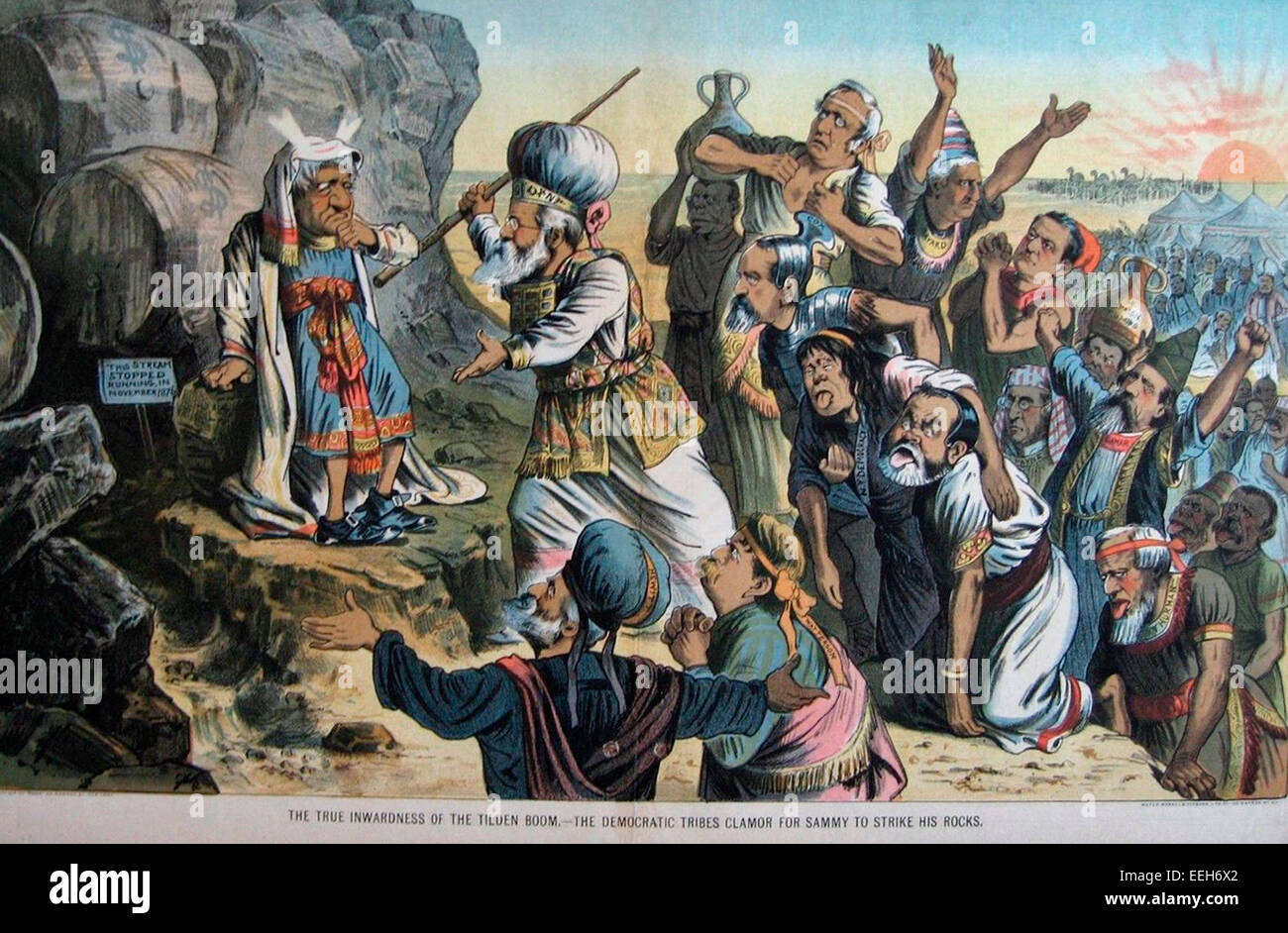 La véritable intériorité de la flèche - l'Tilden tribus démocratiques se pressent pour Sammy à frapper sa rochers, Caricature politique, vers 1884 Banque D'Images