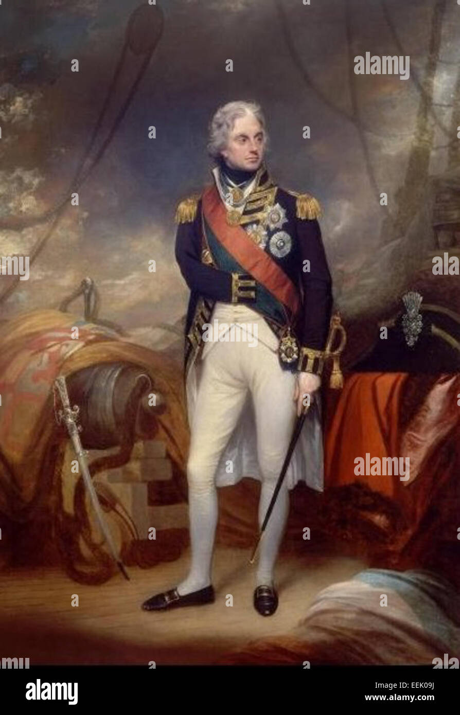 Horatio Nelson (1758-1805) était un commandant naval britannique connu pour son leadership pendant les guerres napoléoniennes. Il remporta des victoires importantes, notamment la bataille de Trafalgar en 1805, où il battit résolument les flottes française et espagnole. Nelson est célèbre pour son génie tactique et est considéré comme l'un des plus grands commandants navals de l'histoire. Banque D'Images