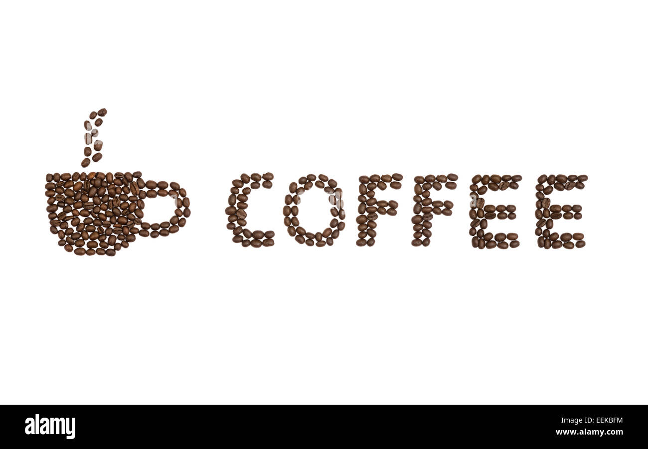 Une tasse de café et le mot écrit avec les grains de café café Banque D'Images
