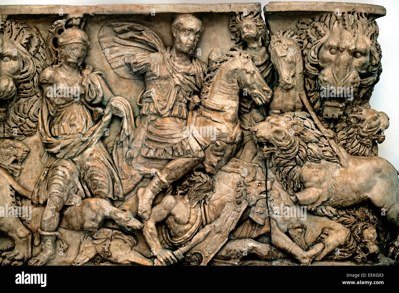 Sarcophage romain représentant une scène de chasse avec les lions III siècle Musée du Capitole de Rome Romain Italie Italien Banque D'Images