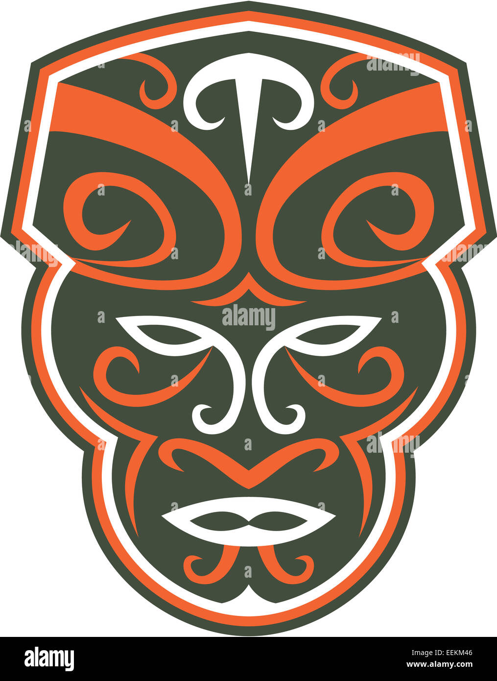 Illustration d'un masque traditionnel maori face vers l'avant sur fond blanc isolé fait en style rétro. Banque D'Images