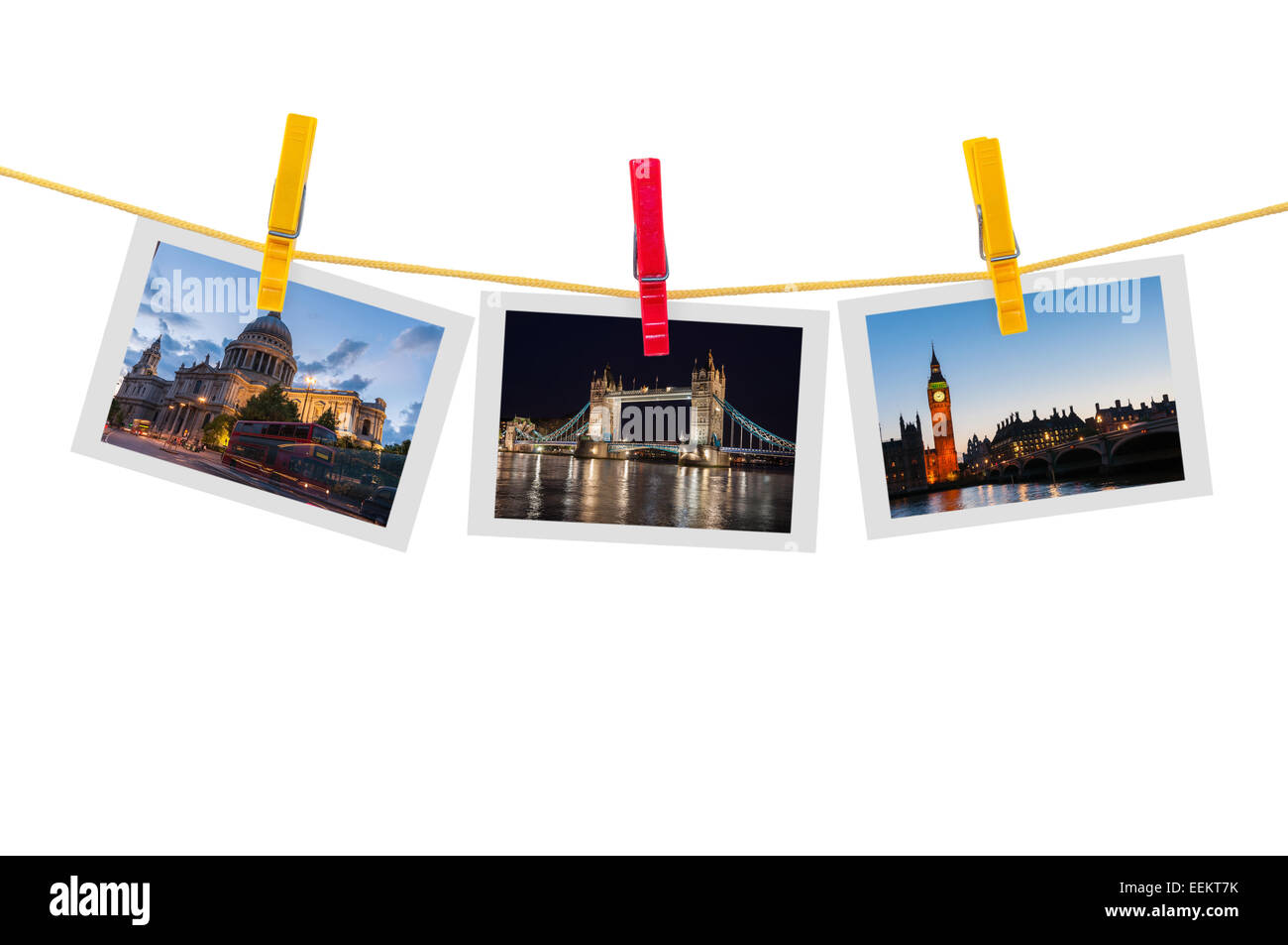 Trois photos de Londres sur corde isolé sur fond blanc avec clipping path Banque D'Images
