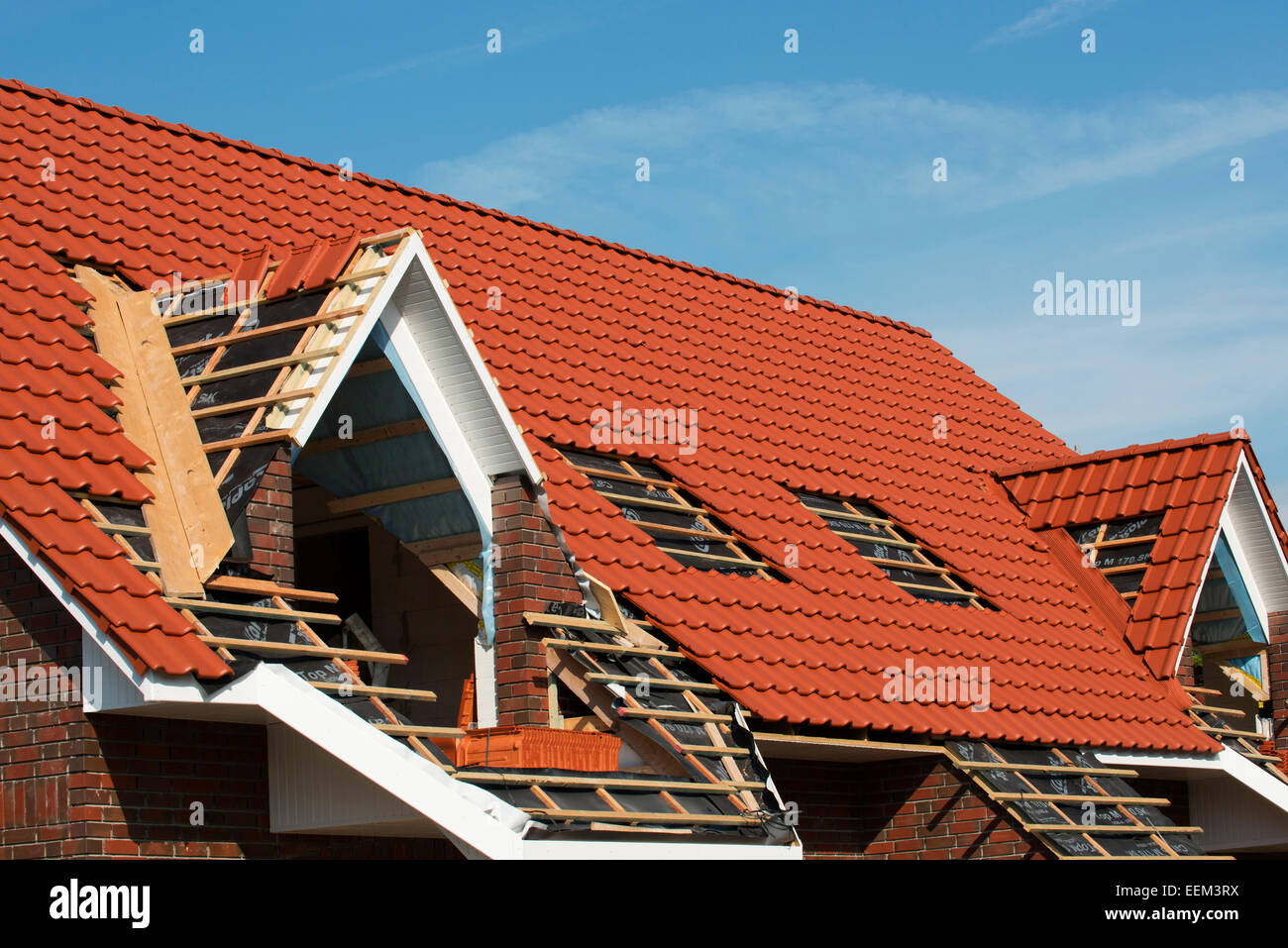 L'achèvement de la charpente du toit d'une maison nouvellement construite, Hannover, Basse-Saxe, Allemagne Banque D'Images