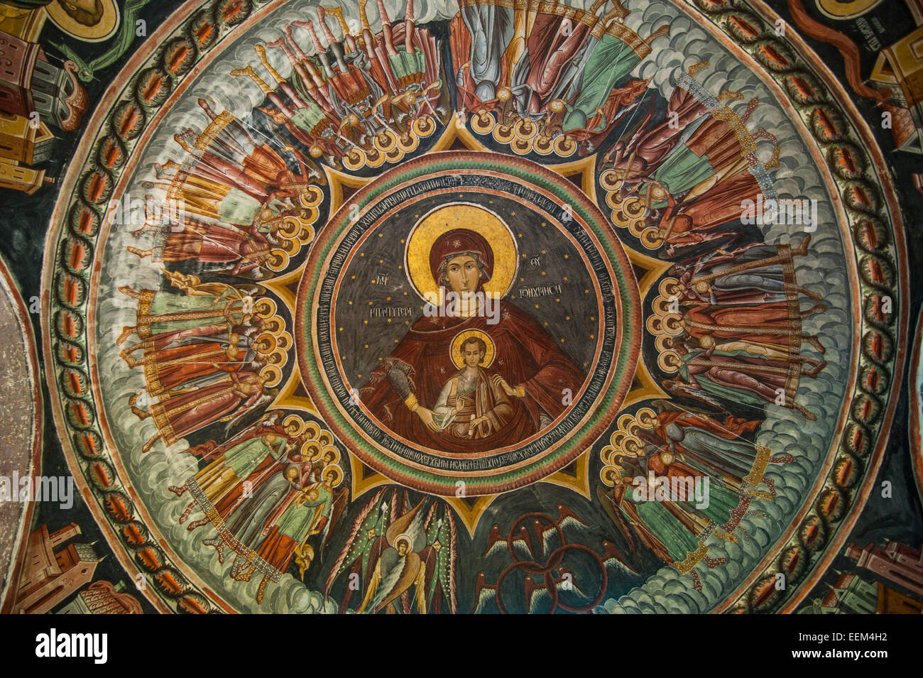 Christian peintures murales, Monastère de Horezu, UNESCO World Heritage Site, Horezu, la Valachie, Roumanie Banque D'Images