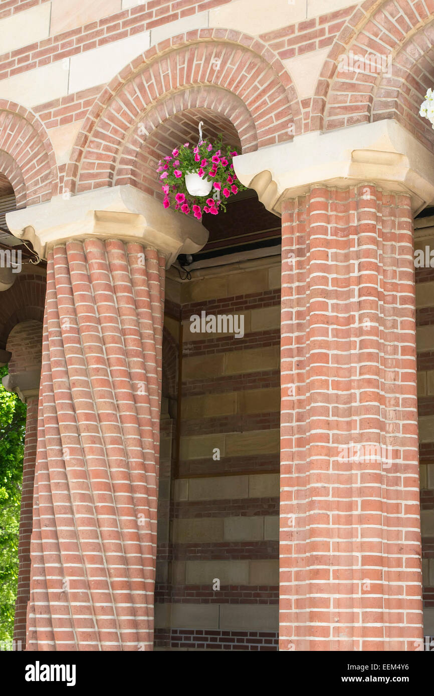 Deux colonnes de style byzantin avec un pot de pansy sous leur arcade Banque D'Images